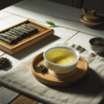 Longjing green tea cup with bamboo tray of flat pressed leaves (wide shot)