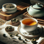 Authentic Tieguanyin with uneven rolled pellets and golden liquor in porcelain cup