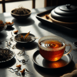 Sencha green tea with deep green liquor in a small Japanese cup, loose leaves beside it under natural light