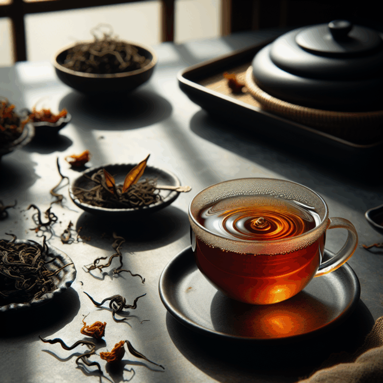 Sencha green tea with deep green liquor in a small Japanese cup, loose leaves beside it under natural light