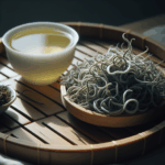 Authentic Biluochun wiry tiny spirals with fine silvery fuzz on bamboo dish (wide shot)