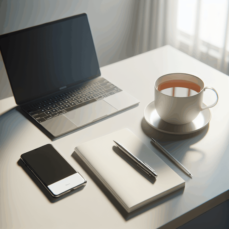 Cup of tea on a desk next to a laptop, notepad and phone