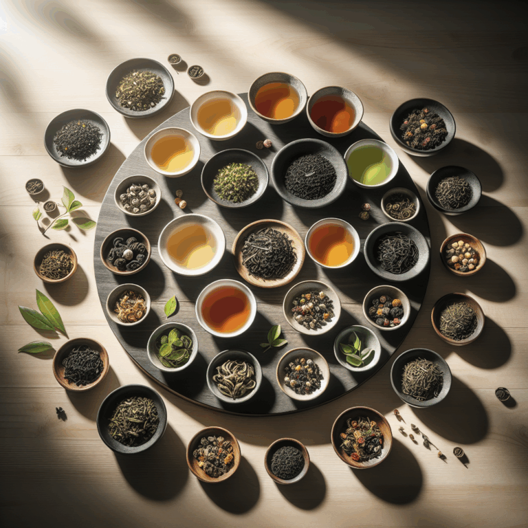 Assorted cups of different teas with loose leaves in small dishes on a wooden table