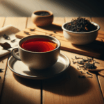 Cup of Kenyan black tea with loose leaf tea beside it