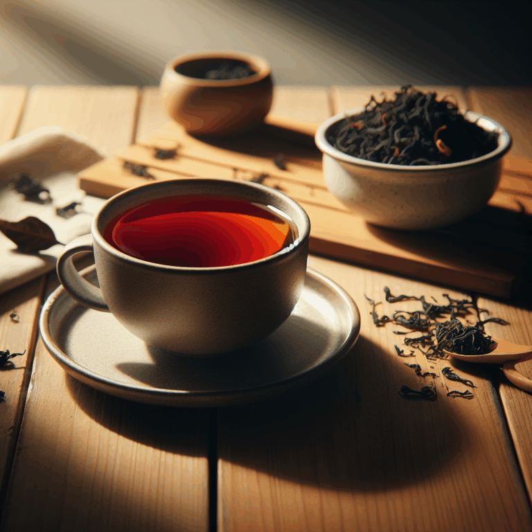 Cup of Kenyan black tea with loose leaf tea beside it