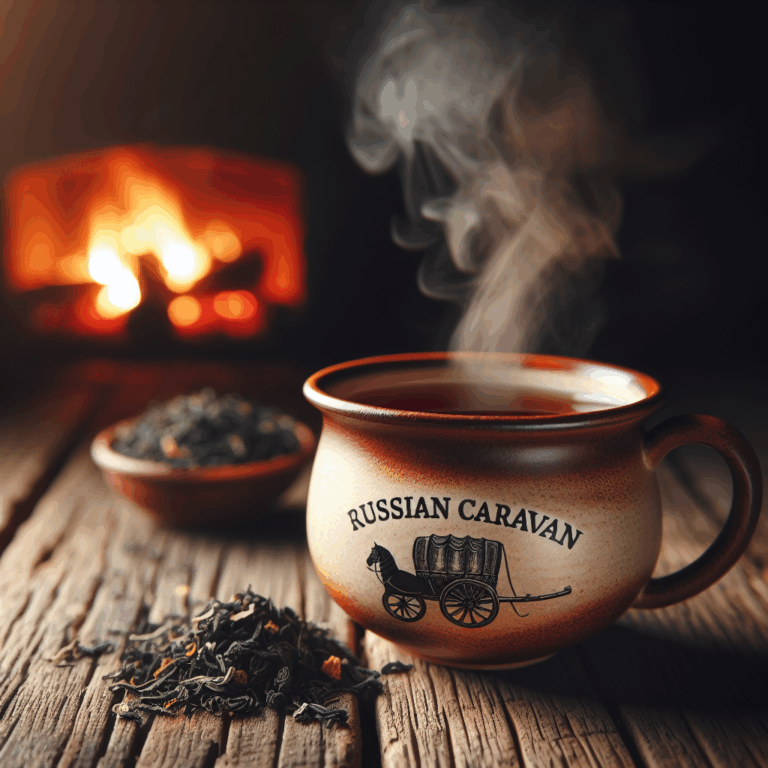 A mug of Russian Caravan black tea with gentle steam and loose tea leaves