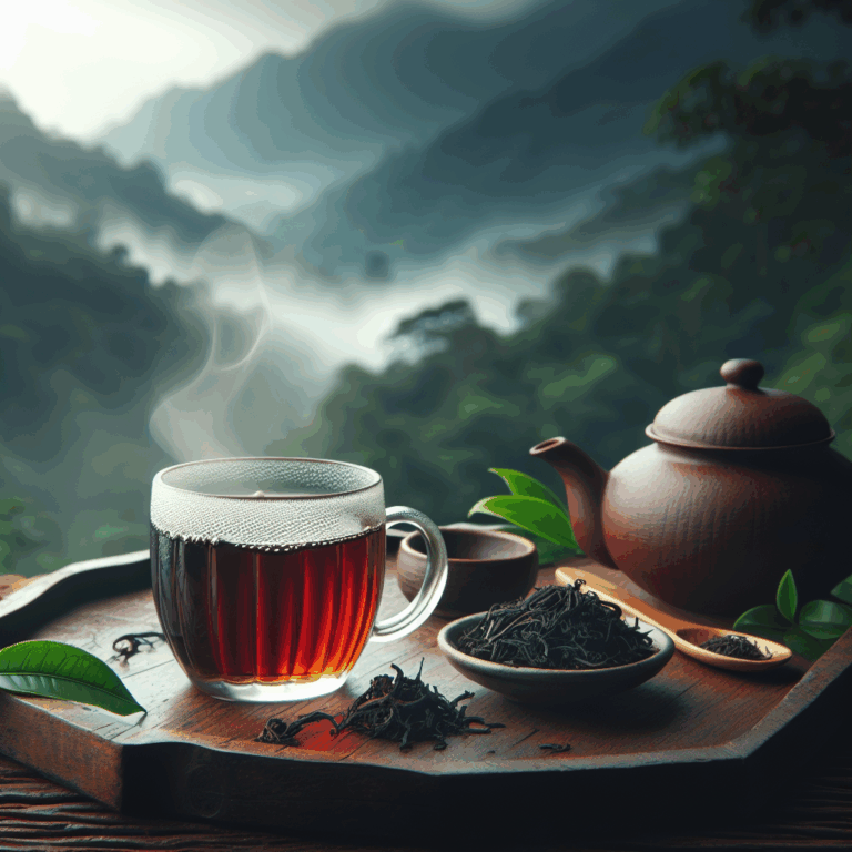 A glass mug of Vietnamese black tea with loose leaves and misty hills in the background