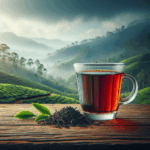A glass cup of Kandy black tea with loose leaves and Sri Lankan hills in the background