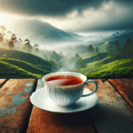 A cup of Dimbula black tea with Sri Lankan highlands in the background