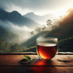 A glass cup of Uva black tea with misty Sri Lankan hills in the background