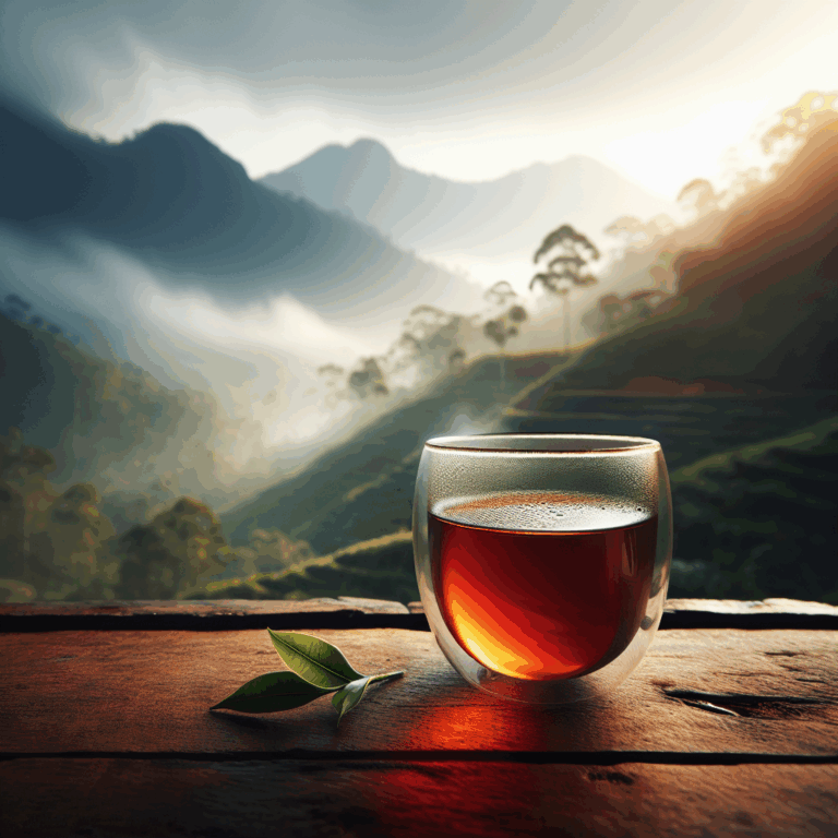 A glass cup of Uva black tea with misty Sri Lankan hills in the background