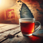 A glass mug of Ceylon black tea with a subtle map of Sri Lanka in the background