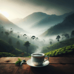A cup of Munnar black tea with Kerala hills in the background
