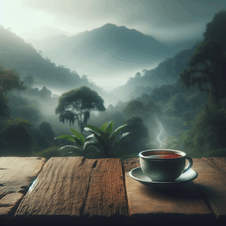 A cup of Dooars black tea with Himalayan foothills in the background