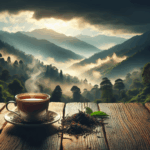 A cup of Kangra black tea with Himalayan foothills in the background
