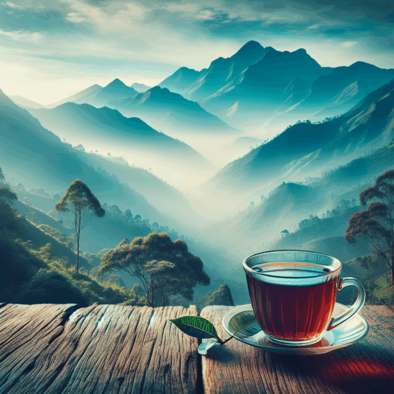 A cup of Nilgiri black tea with the Nilgiri mountains in the background