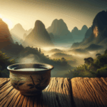 A cup of Zhengshan Xiaozhong black tea with Wuyi Mountains in the background
