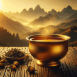 A golden cup of Yunnan Gold black tea with Yunnan mountains in the background