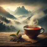 A cup of Yingdehong black tea with Guangdong mountains in the background