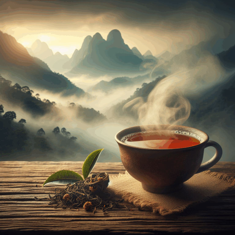 A cup of Yingdehong black tea with Guangdong mountains in the background