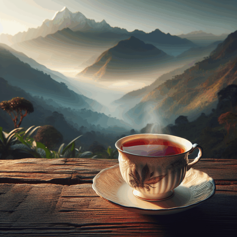 A cup of Darjeeling black tea with the Himalayan mountains in the background
