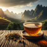 A cup of Jin Jun Mei black tea with Wuyi Mountains in the background