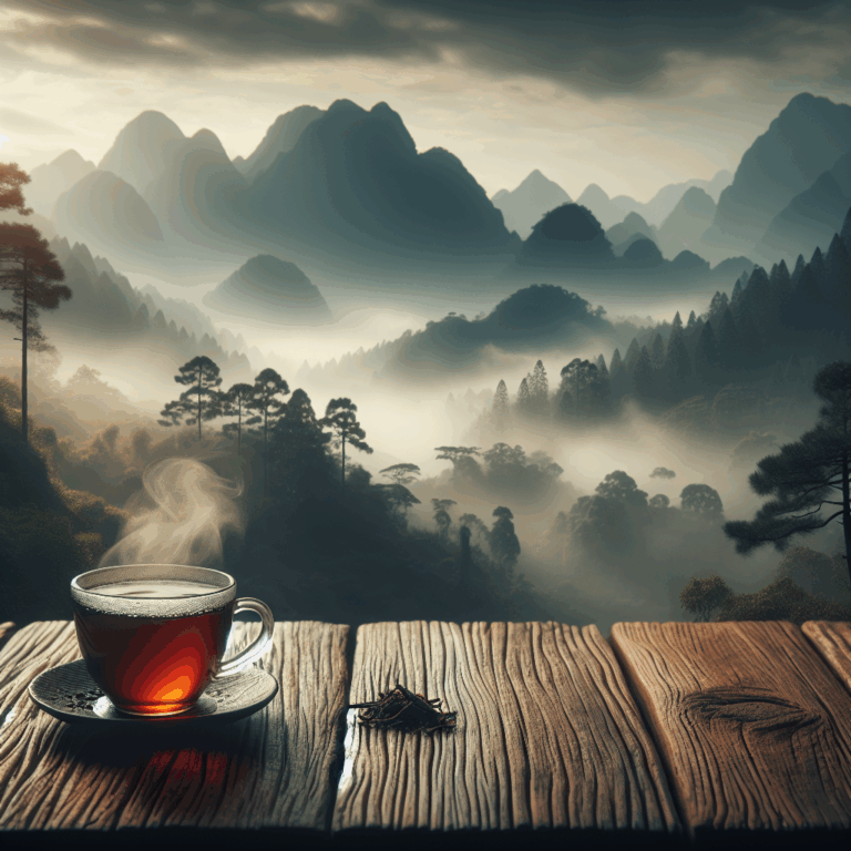 A cup of Lapsang Souchong with Wuyi Mountains in the background