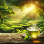 A cup of green tea with lush tea gardens in the background