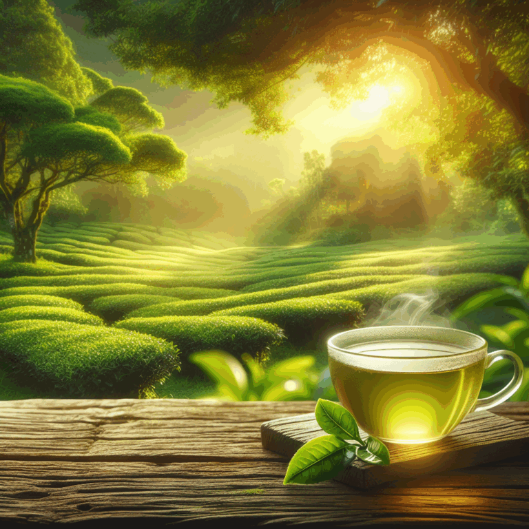 A cup of green tea with lush tea gardens in the background