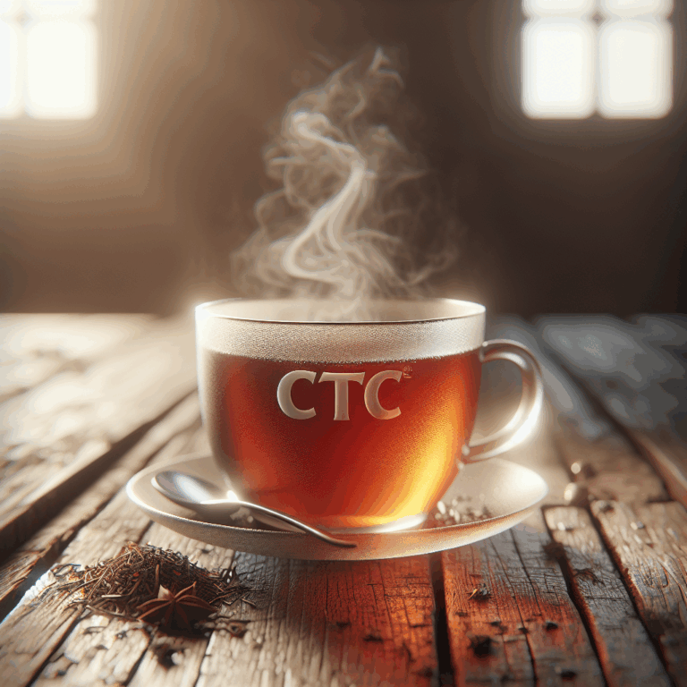 Photo-realistic cup of CTC Indian Breakfast Tea on a wooden table, cozy tea blog style