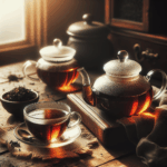 Glass teapot and cup of Armenian black tea on a wooden table