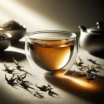 Glass cup of Ceylon Silver Tips black tea with pale golden liquor and loose tea leaves