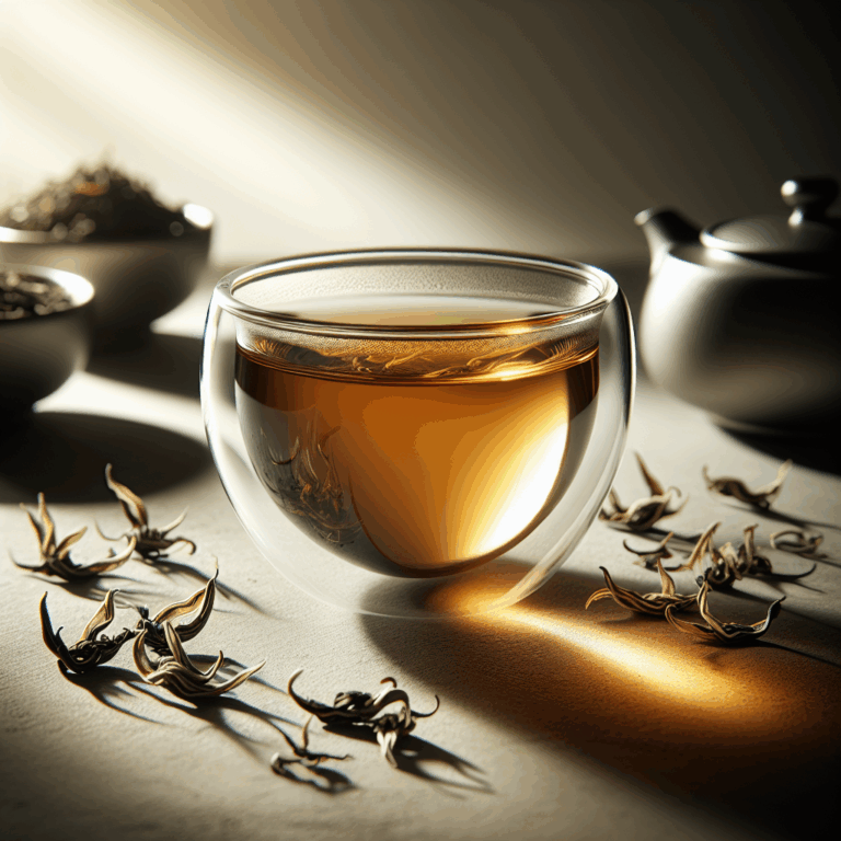 Glass cup of Ceylon Silver Tips black tea with pale golden liquor and loose tea leaves