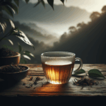 Glass cup of Darjeeling Premium First Flush tea with light golden liquor and loose leaf tea