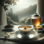 Porcelain cup of Darjeeling Premium First Flush Tea with light golden liquor and loose leaf tea