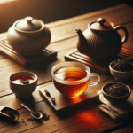 Teapot and cup of Darjeeling Second Flush Tea with amber liquor and loose tea leaves