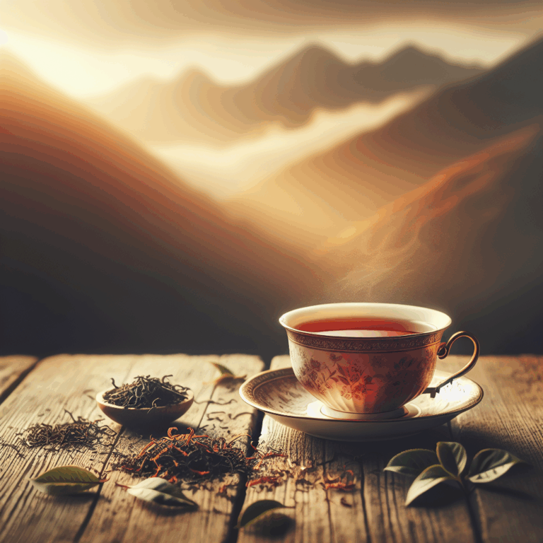 Cup of Georgian black tea on a wooden table with loose tea leaves
