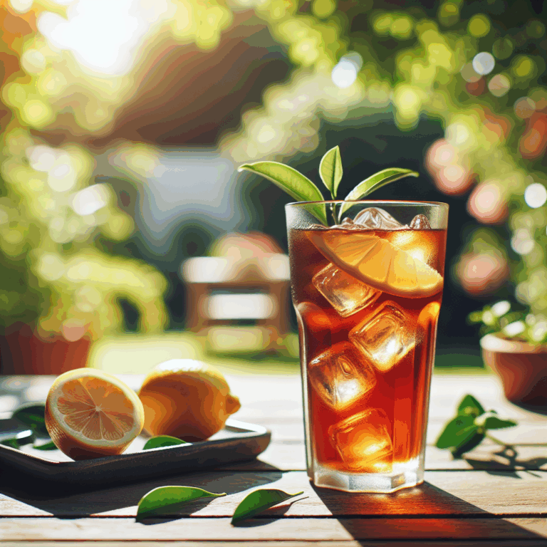 Glass of iced black tea with ice cubes and lemon slice