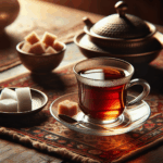 Glass of Iranian black tea on a saucer with sugar cubes nearby