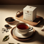 Cup of Teatulia Organic Black Tea with loose black tea leaves